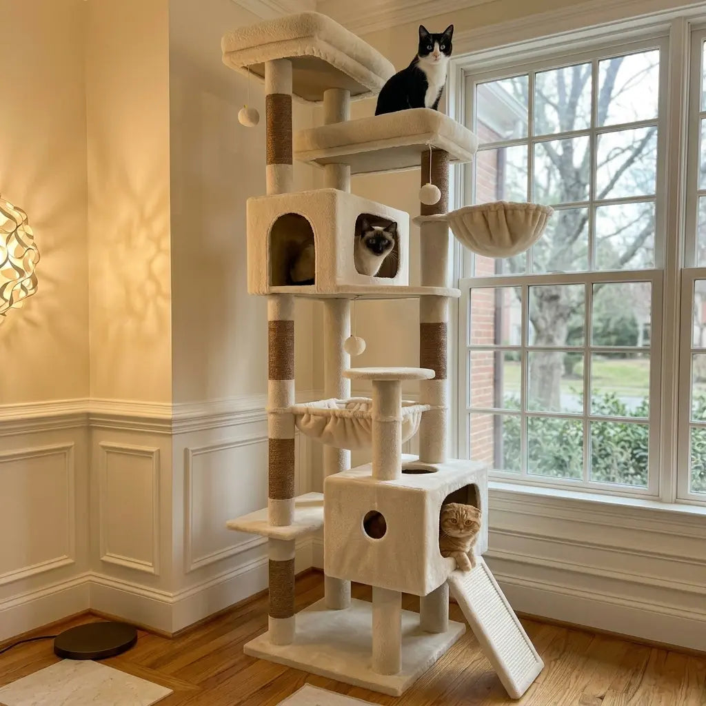 Globlazer Heavy Duty83''Cat Mansion, Space-Saving Corner Cat Furniture with 2 Condo ＆6 Sisal Scratching Post