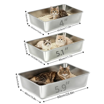 Petwhole 2-Pack Stainless Steel Litter Box, High-Sided Non-Stick Metal Litter Pan, 17.5X13.5X4Inch Cat Toilet Tray Stainless Steel Litter Box Litter Box for Cats