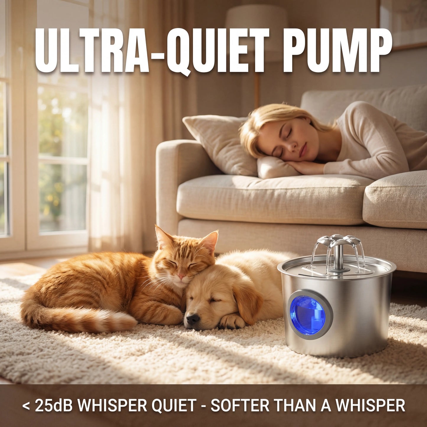 Super Silent Cat Water Dispenser 2.2L Pet Water Dispenser Super Silent 304 Stainless Steel Water Outlet Night Light 6-Layer Filter Soft Blue LED Automatic Gravity Water Supply | Wired Plug in Model | Leak Proof Design | Easy to Clean | Easy to Install
