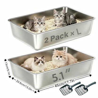 Petwhole 2-Pack Stainless Steel Litter Box, High-Sided Non-Stick Metal Litter Pan, 17.5X13.5X4Inch Cat Toilet Tray Stainless Steel Litter Box Litter Box for Cats