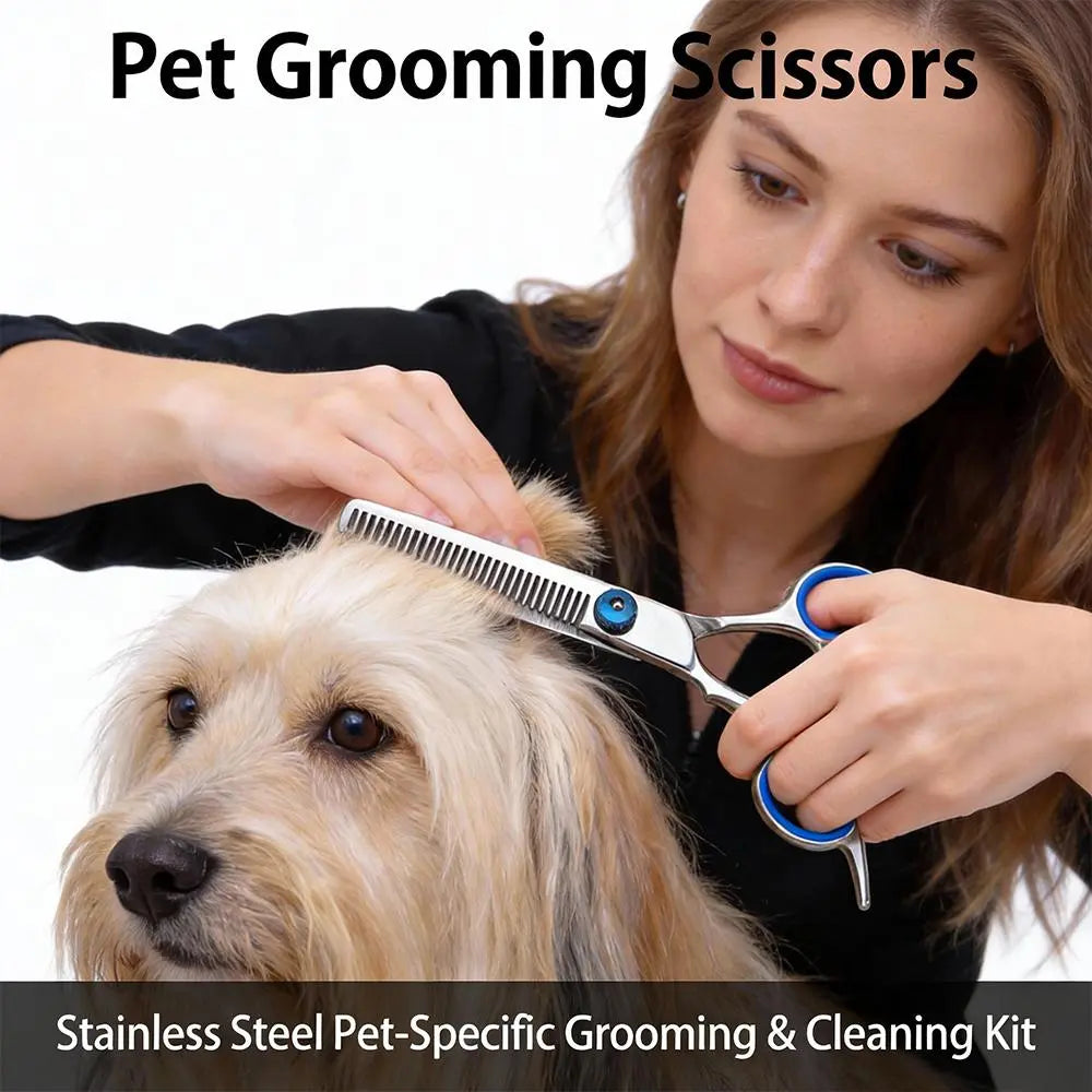 6 in 1 Dog Grooming Scissors Set | Professional Pet Shears with Safety round Tips | Stainless Steel Thinning Scissors for Dogs & Cats | Pet Cat Shears for Grooming Kit