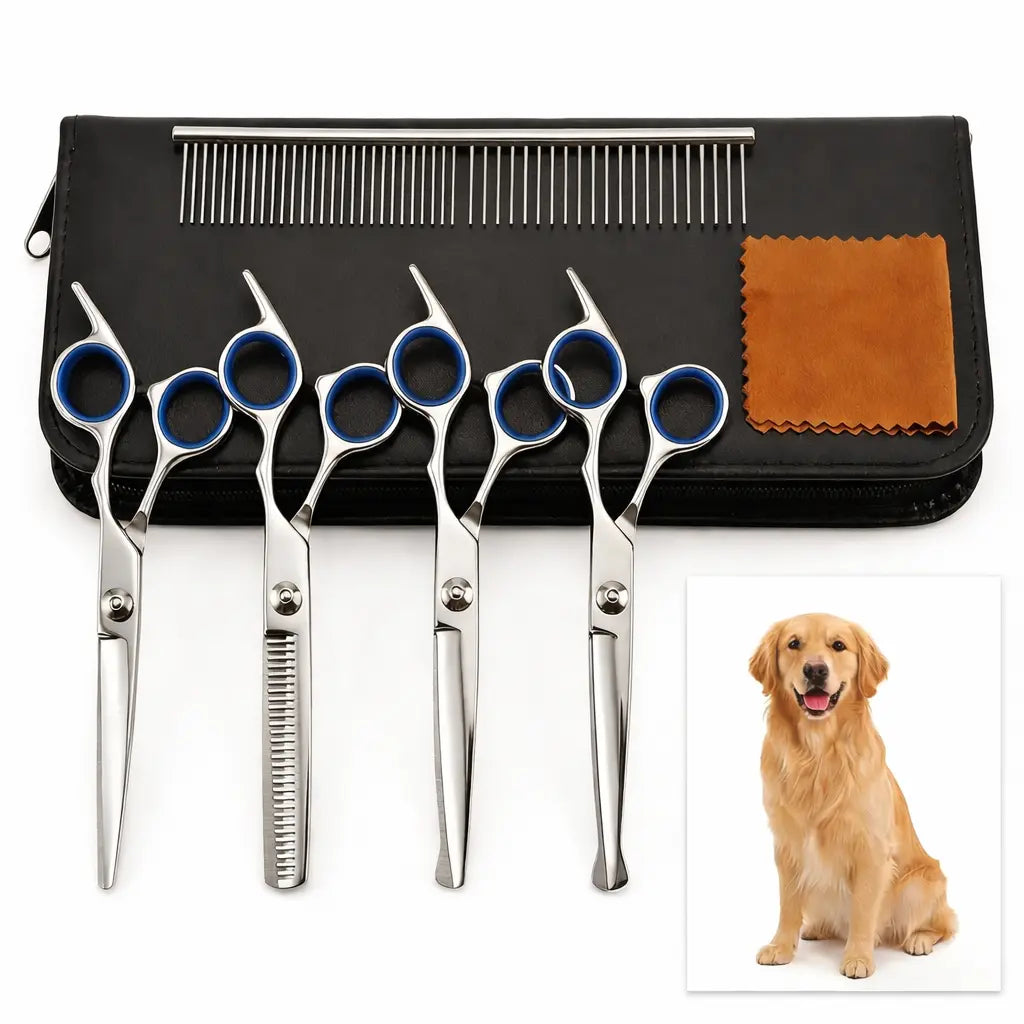 6 in 1 Dog Grooming Scissors Set | Professional Pet Shears with Safety round Tips | Stainless Steel Thinning Scissors for Dogs & Cats | Pet Cat Shears for Grooming Kit