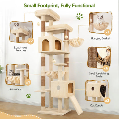 Globlazer Heavy Duty83''Cat Mansion, Space-Saving Corner Cat Furniture with 2 Condo ＆6 Sisal Scratching Post